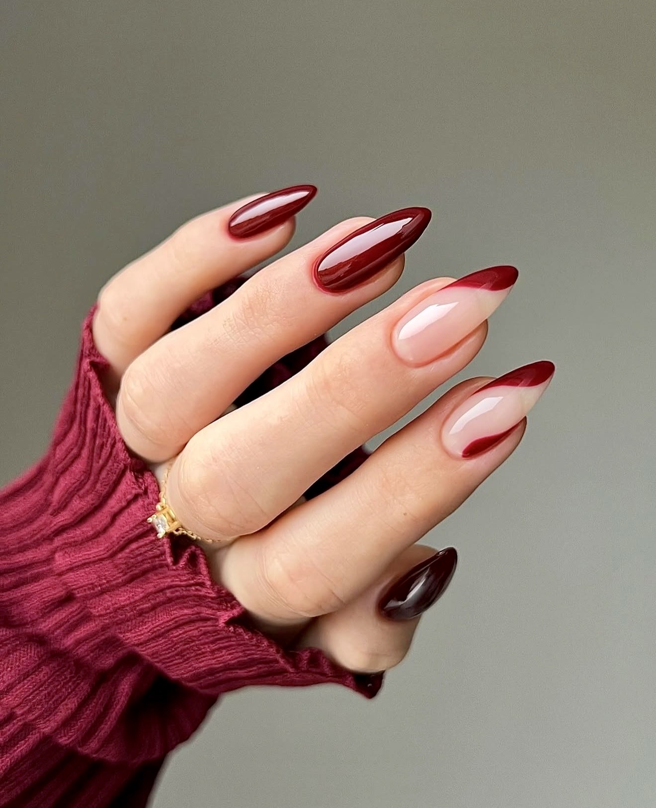 Deep Burgundy Swirl French Almond Nails