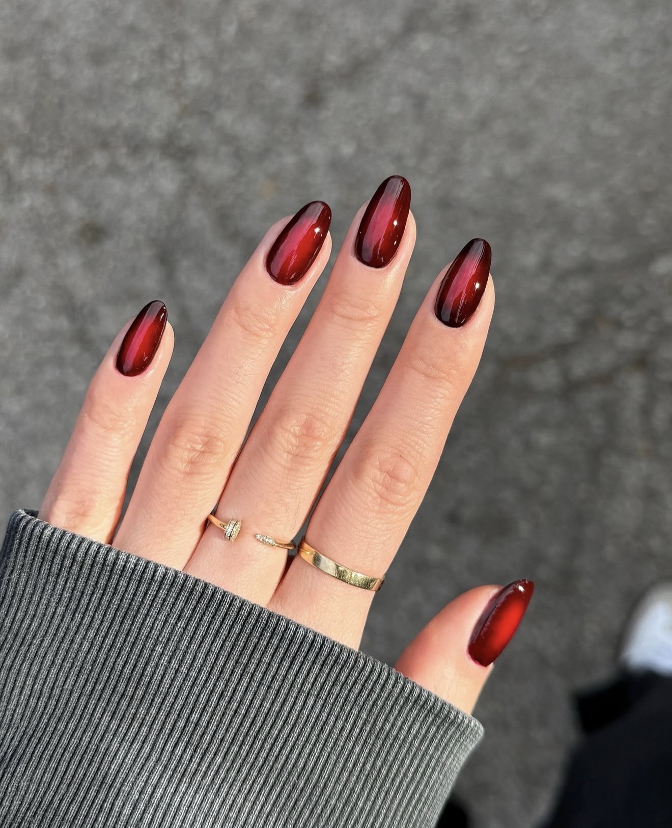 Deep Cherry Aura Almond Nails