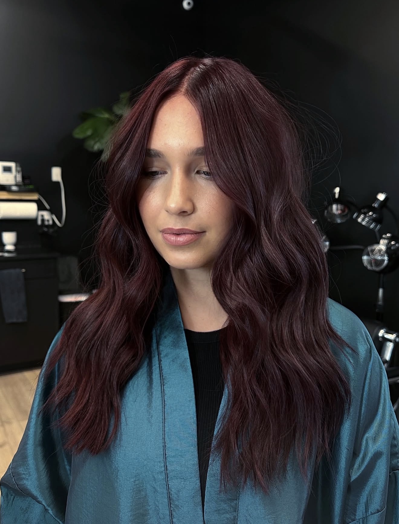 Deep Cherry Cola Waves With Face Framing Layers