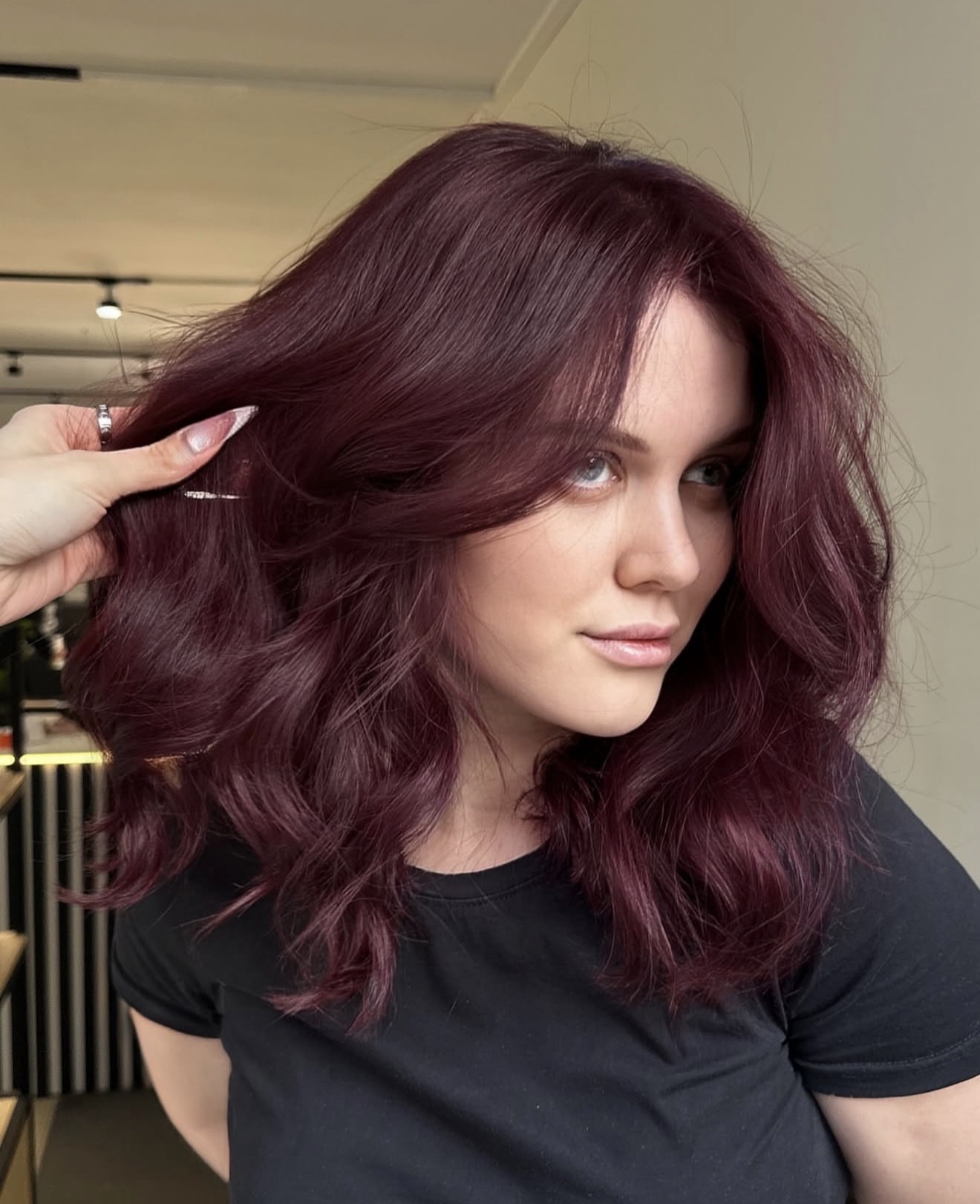 Deep Cherry Cola Waves With Face Framing Layers