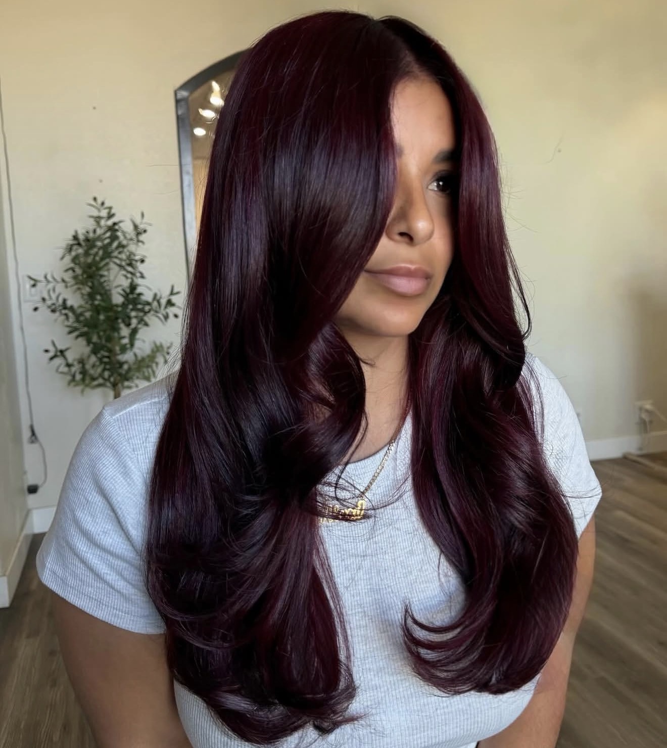 Deep Cherry Cola Waves With Face Framing Layers