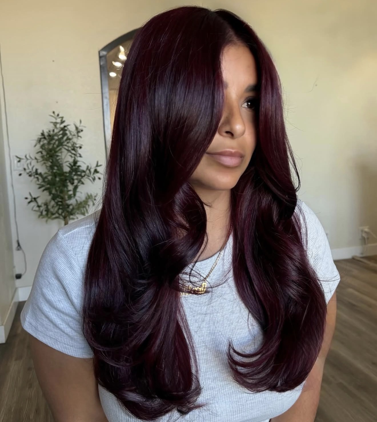 Deep Cherry Cola Waves With Face-Framing Layers