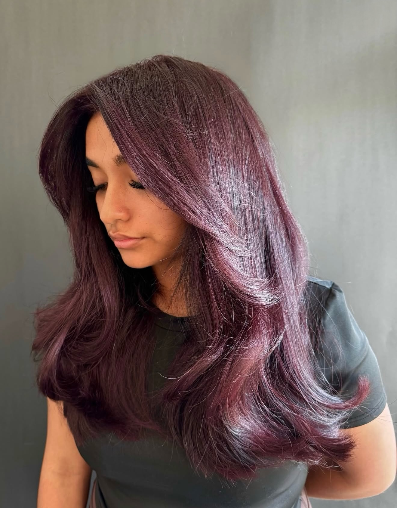 Deep Cherry Cola Waves With Face-Framing Layers