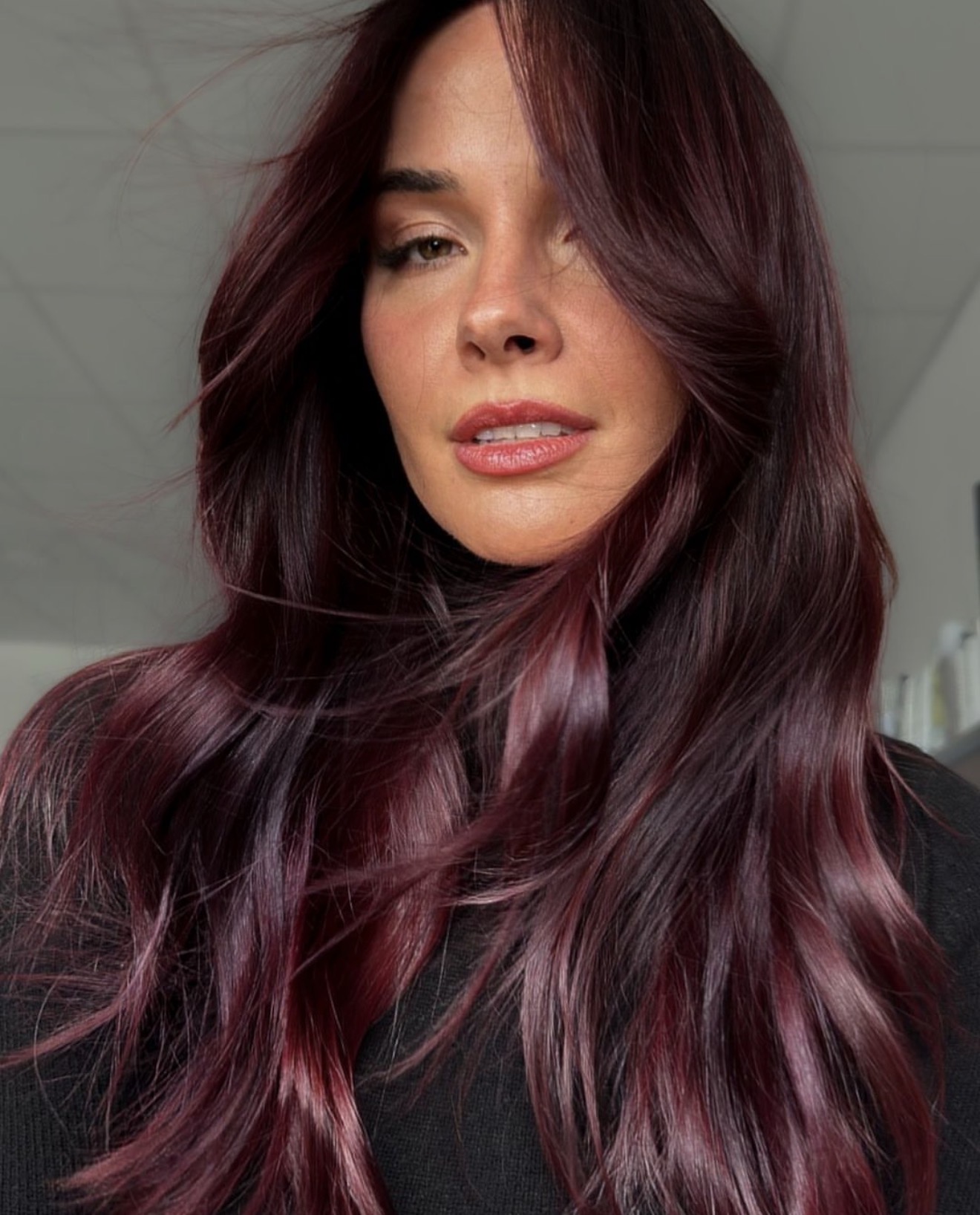 Deep Cherry Cola Waves With Face-Framing Layers