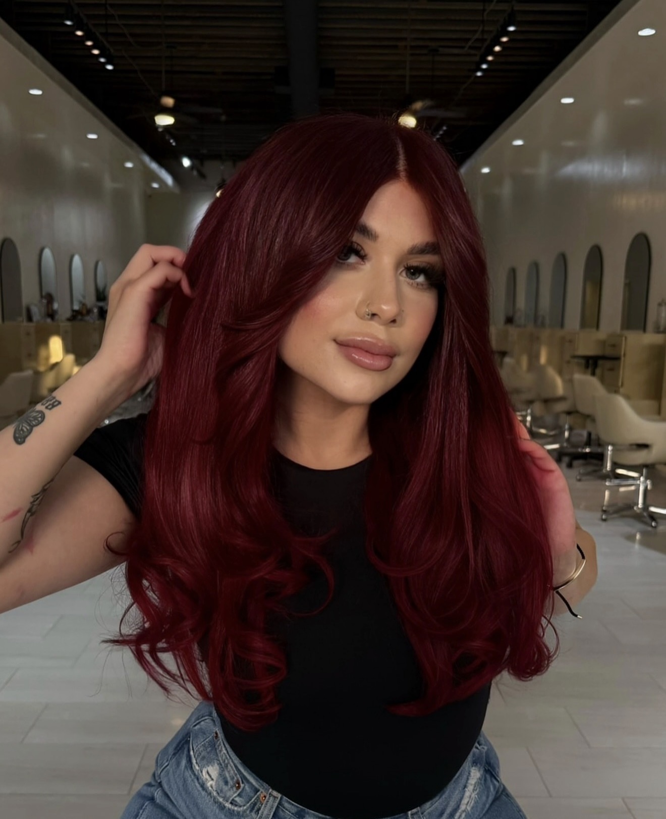 Deep Cherry Cola Waves With Face Framing Layers
