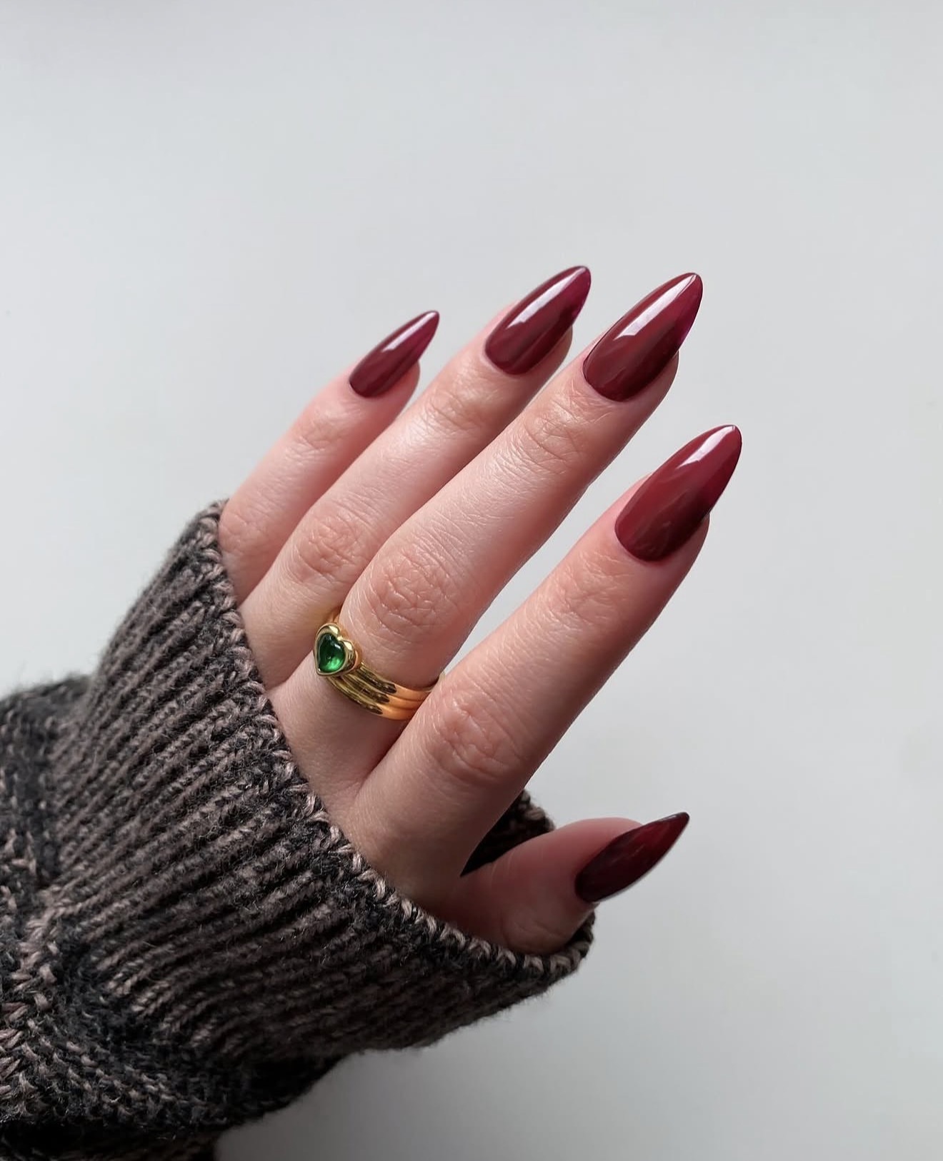 Deep Cherry Glossy Almond Nails