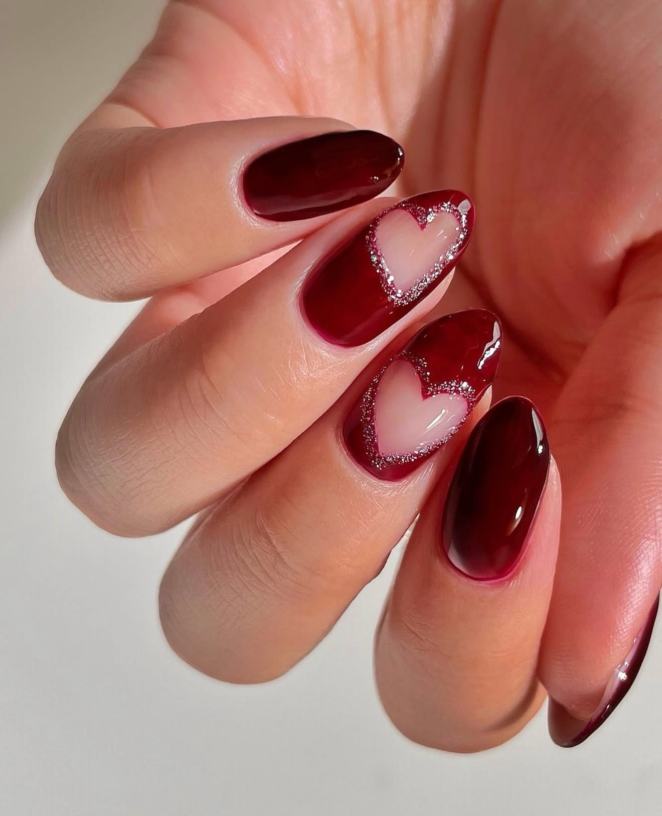Deep Cherry Heart French with Glitter Outline