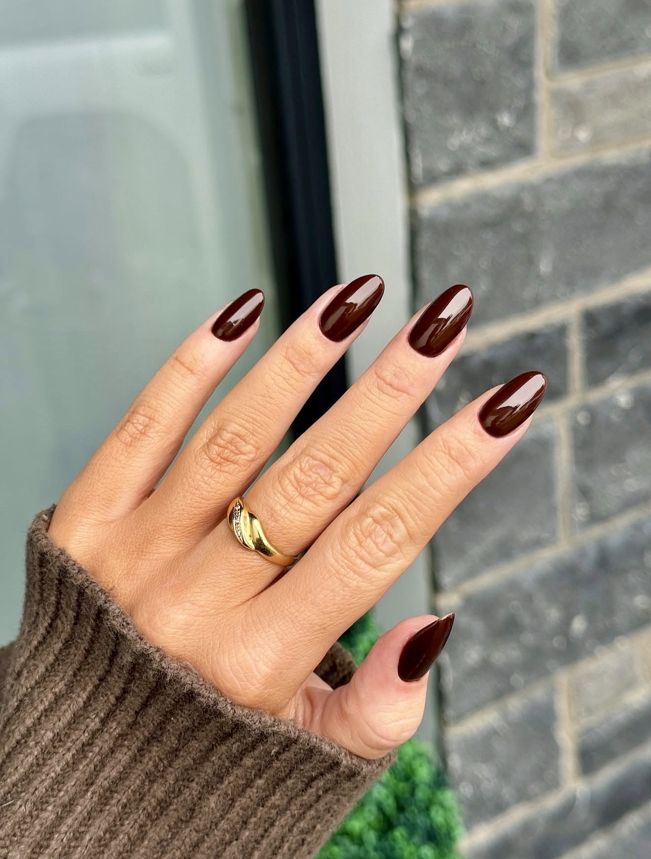 Deep Cherry Mocha Glossy Almond Nails