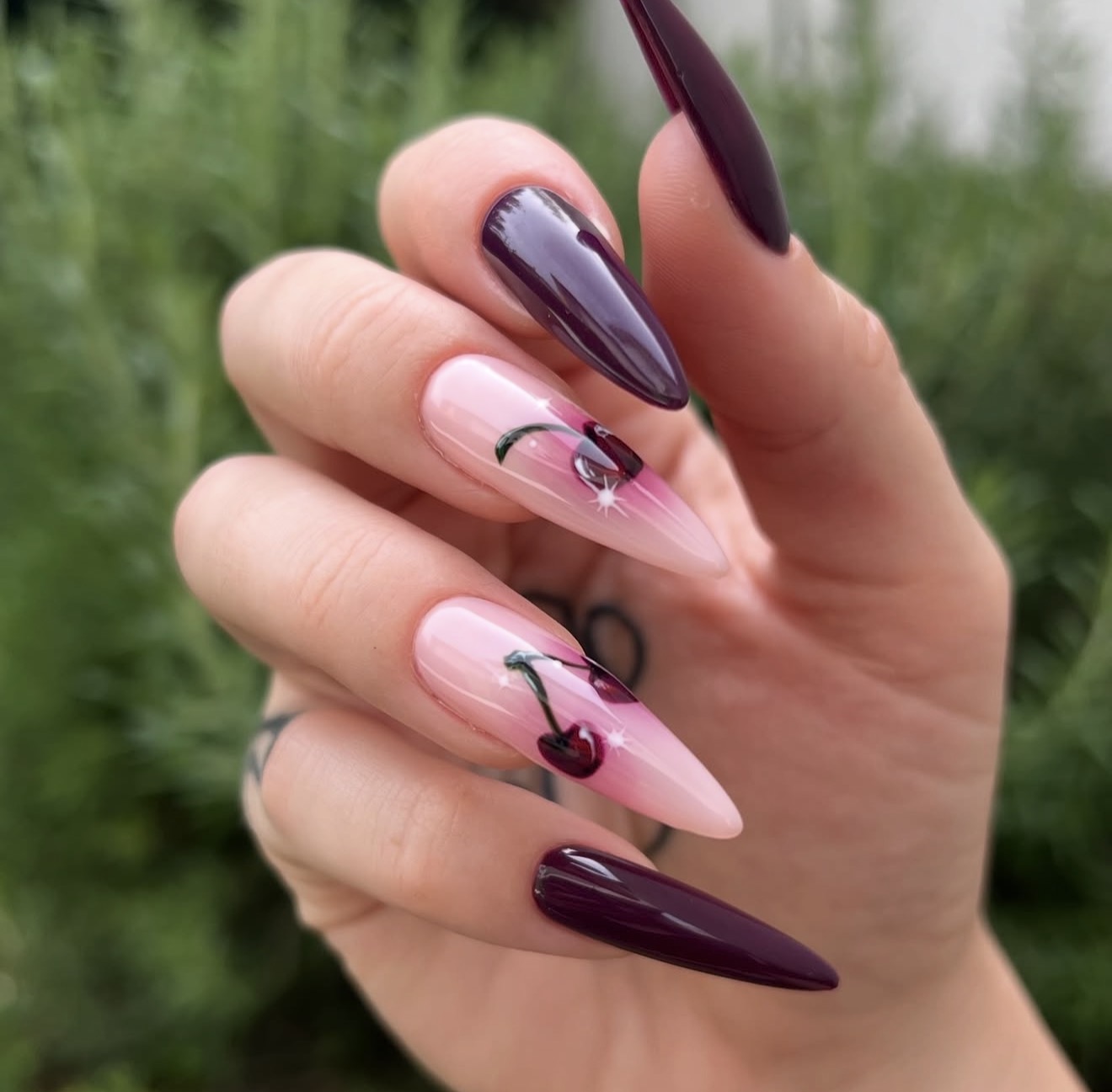 Deep Cherry Ombre Stiletto Nails