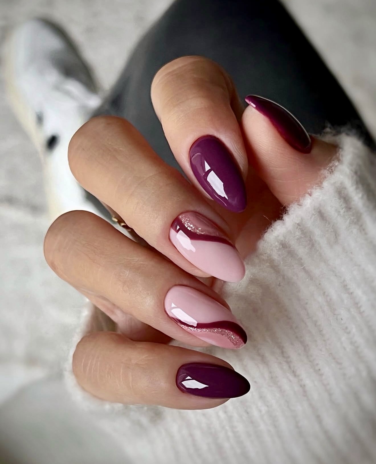 Deep Plum and Pink Swirl Almond Nails