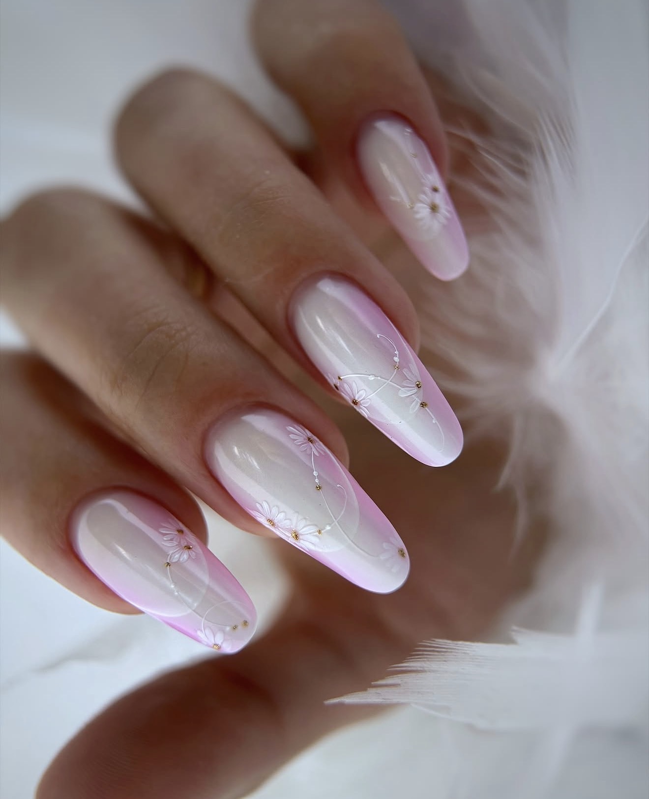 Delicate Daisy French Ombre Almond Nails