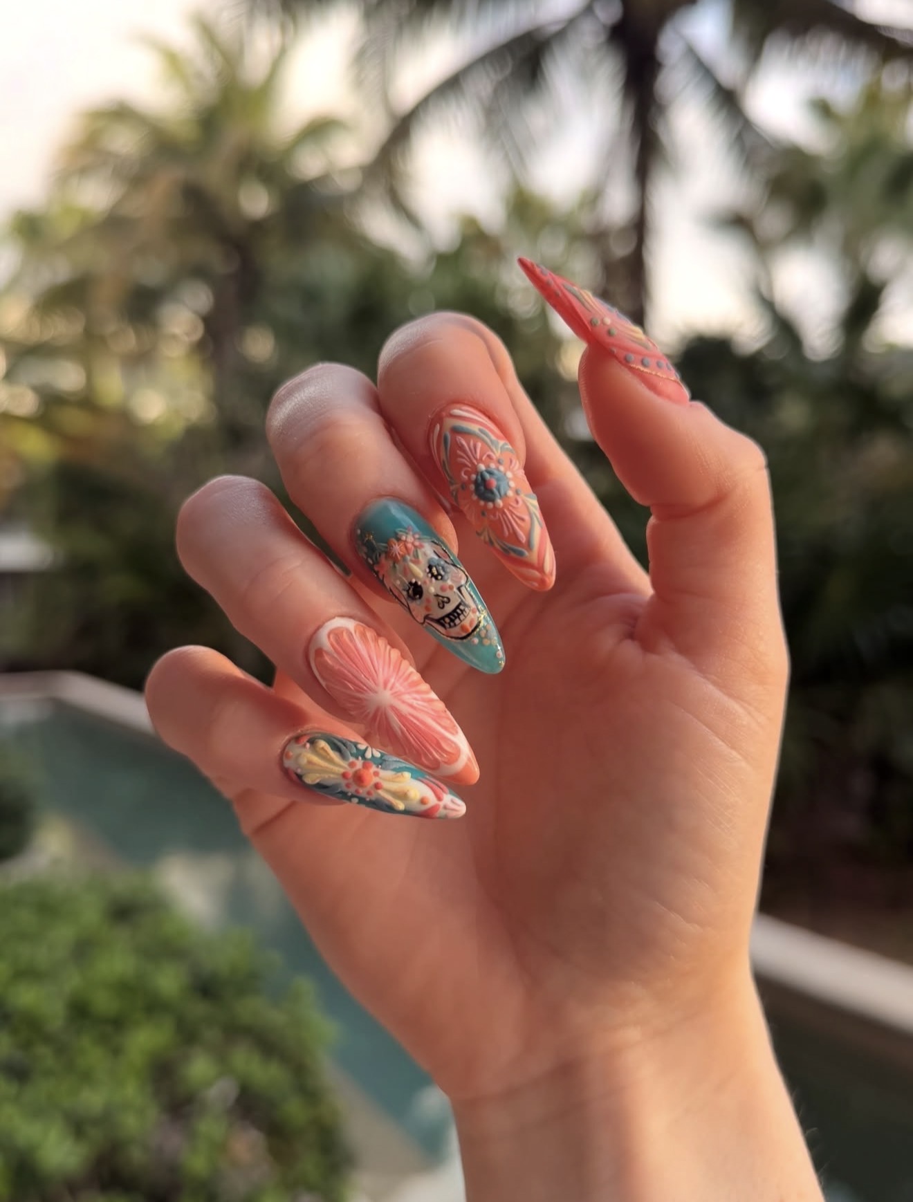 Dia De Los Muertos Inspired Artistic Almond Nails