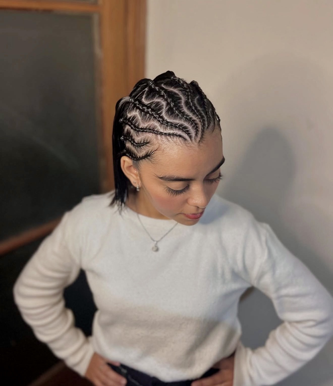 Diagonal Cornrows With Defined Edges and Wet Look
