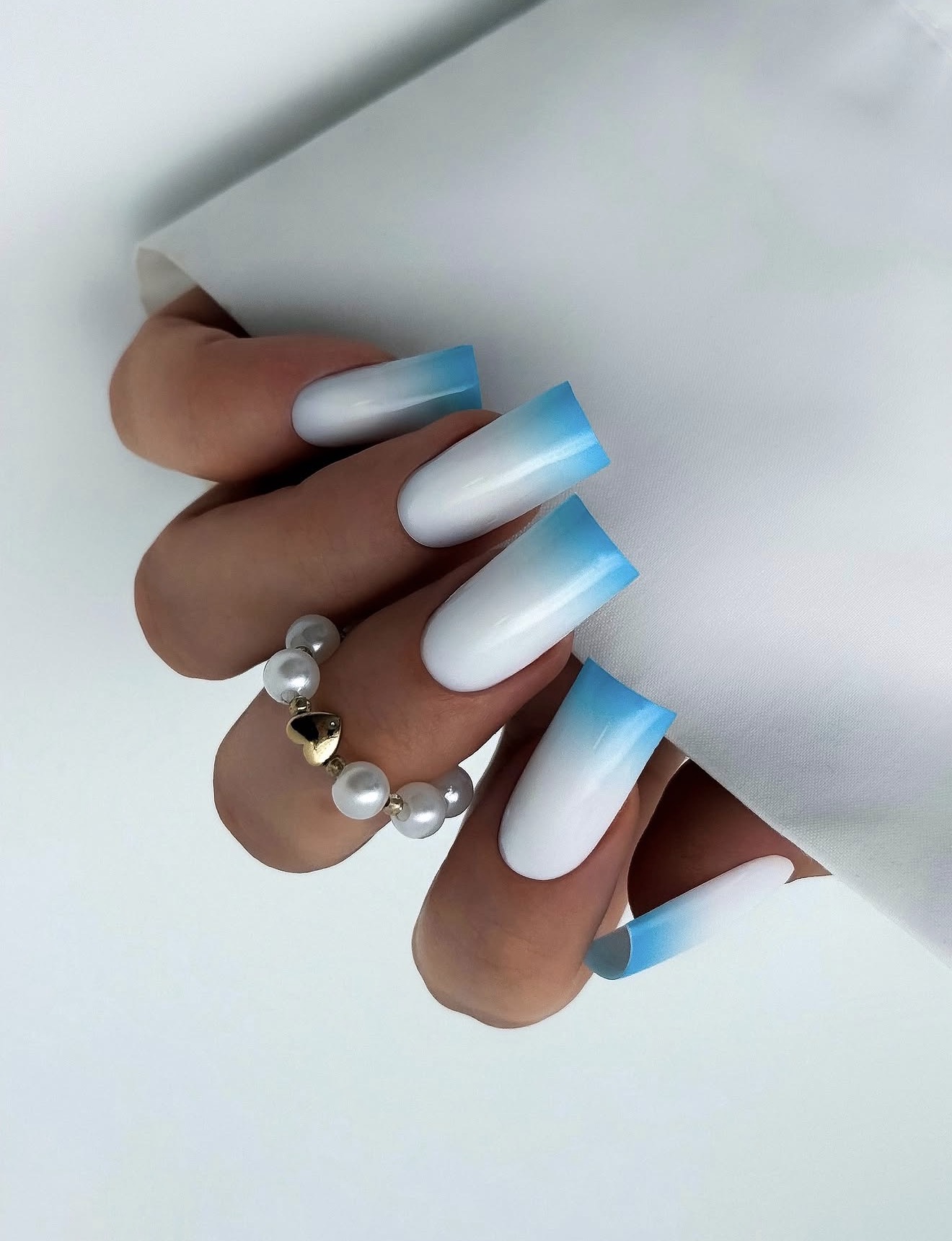 Dreamy Blue and White Ombre Square Nails