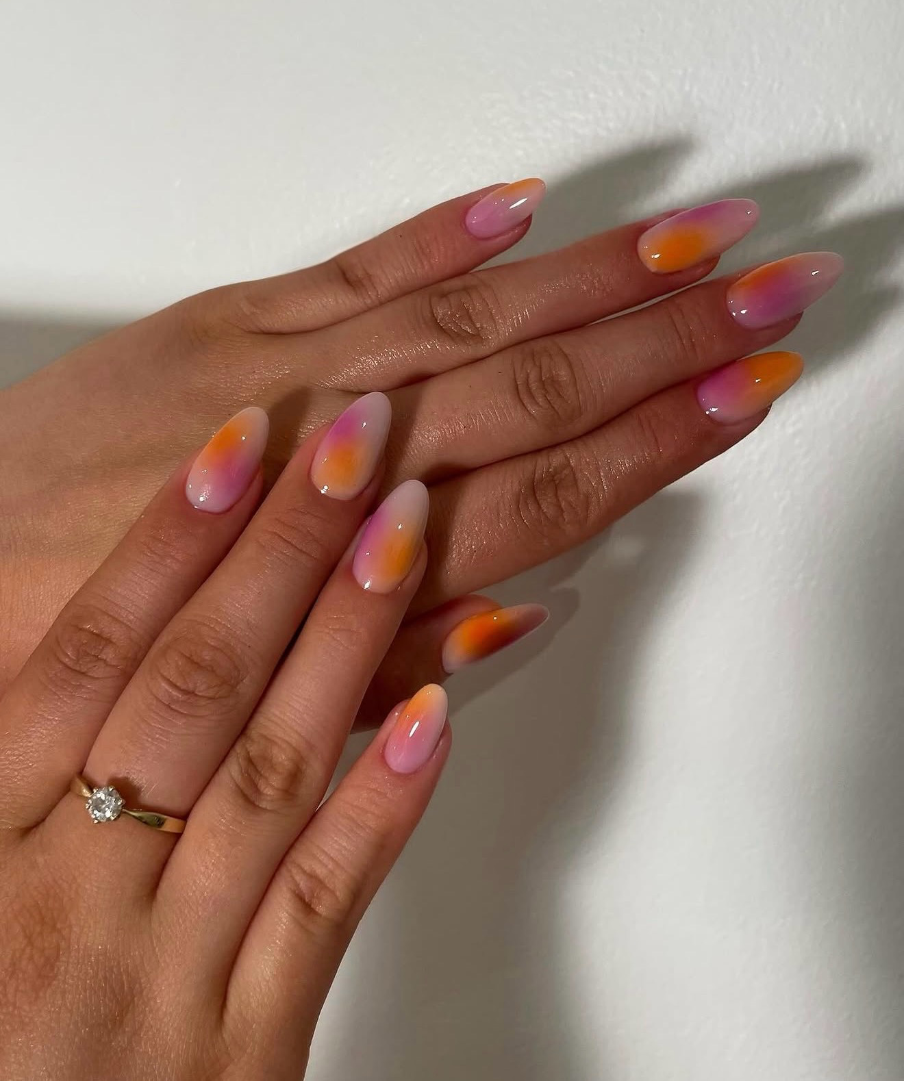 Duo-Chrome Pink Orange Almond Aura Swirl Nails