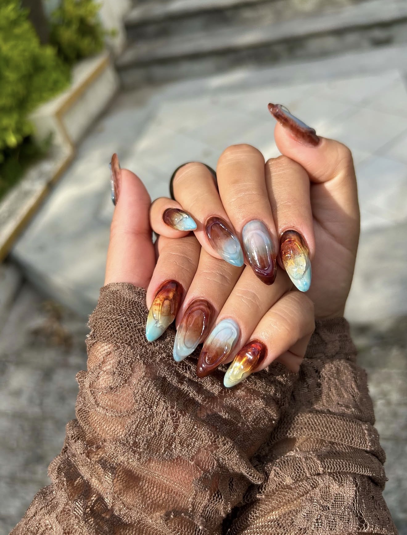 Earthy Aura Swirl Almond Nails
