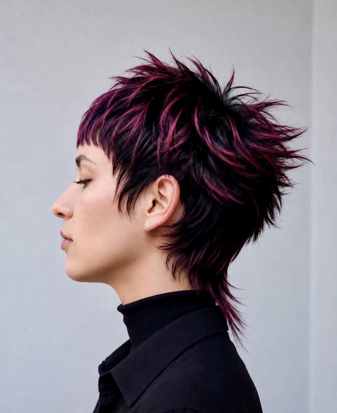 Edgy Purple Streaked Spiky Mullet Pixie Cut