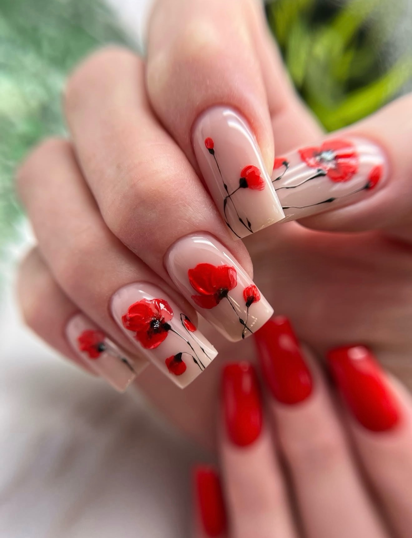 Elegant Red Poppy Floral French Tips