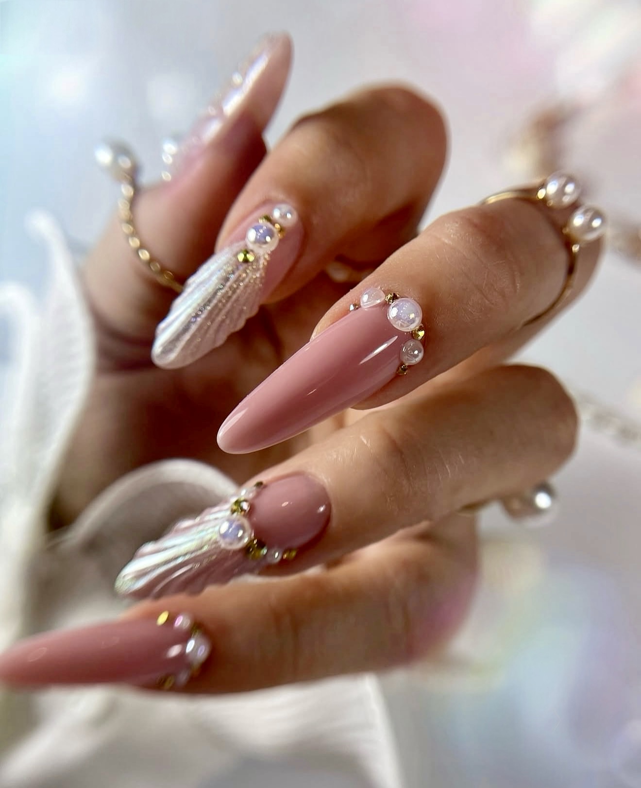 Elegant Rose Quartz Aura Shell Nails