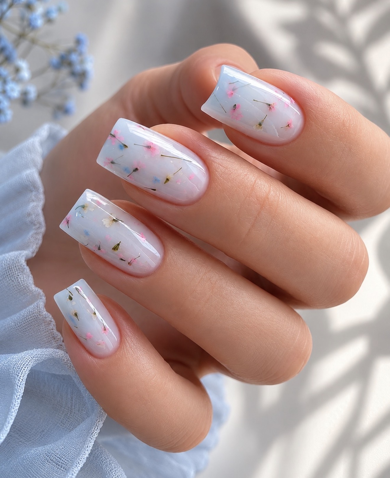 Encapsulated Pressed Flower Square Nails