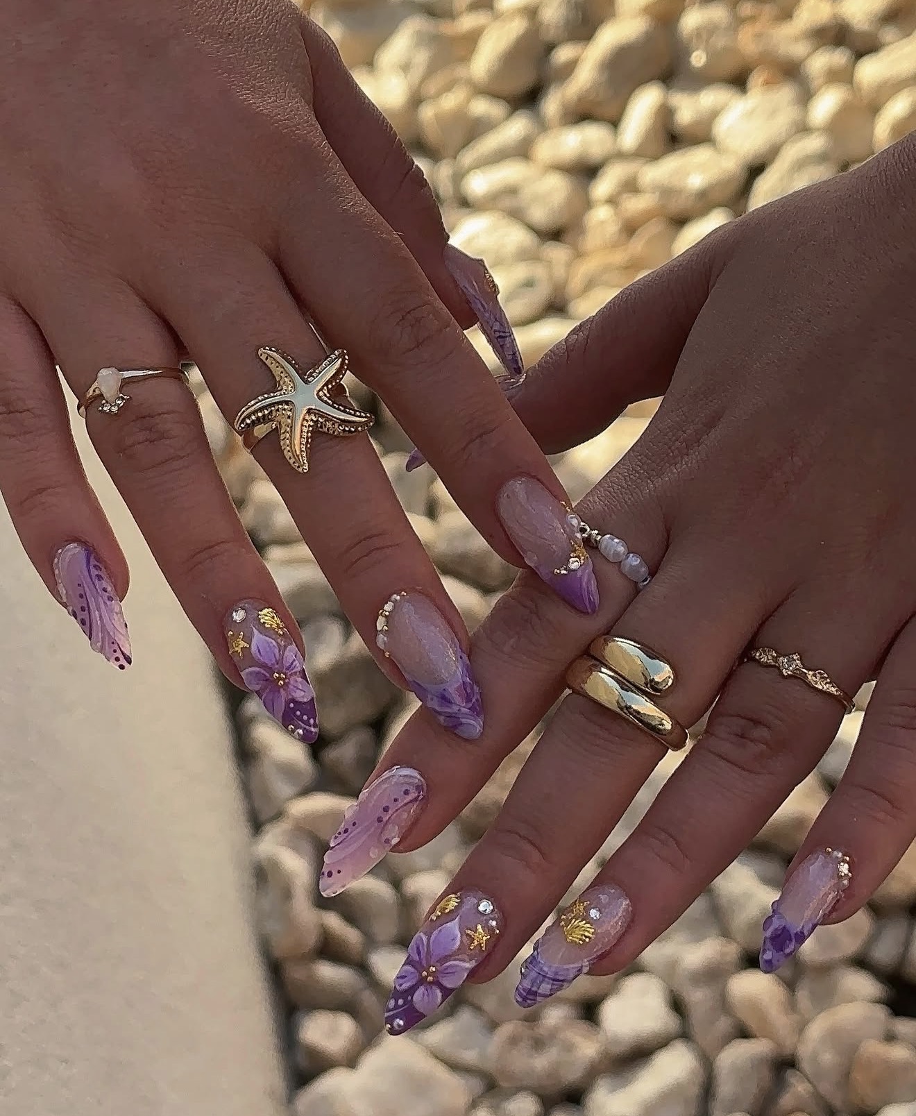Enchanted Lavender Seashell and Flower Nail Art