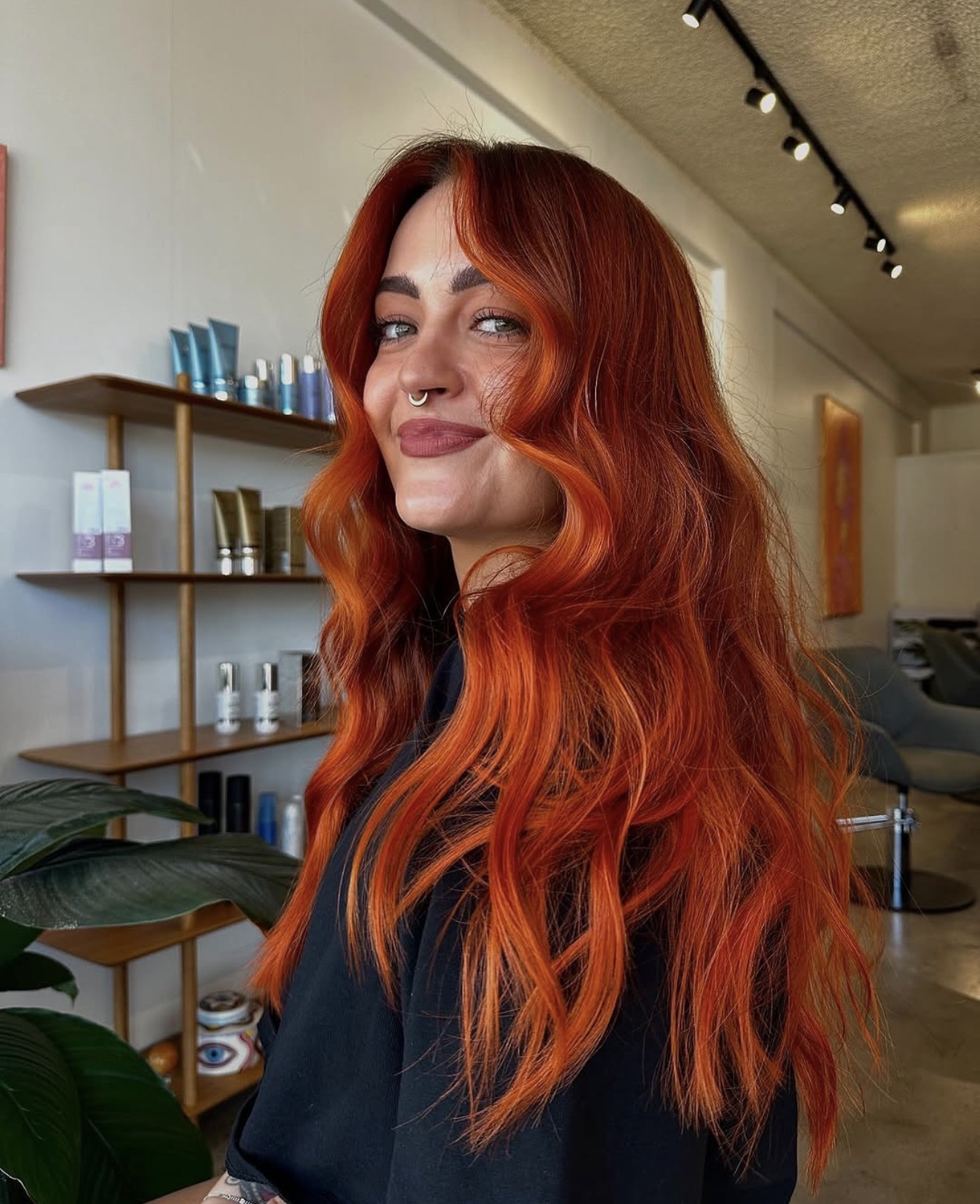 Fiery Copper Balayage With Voluminous Waves