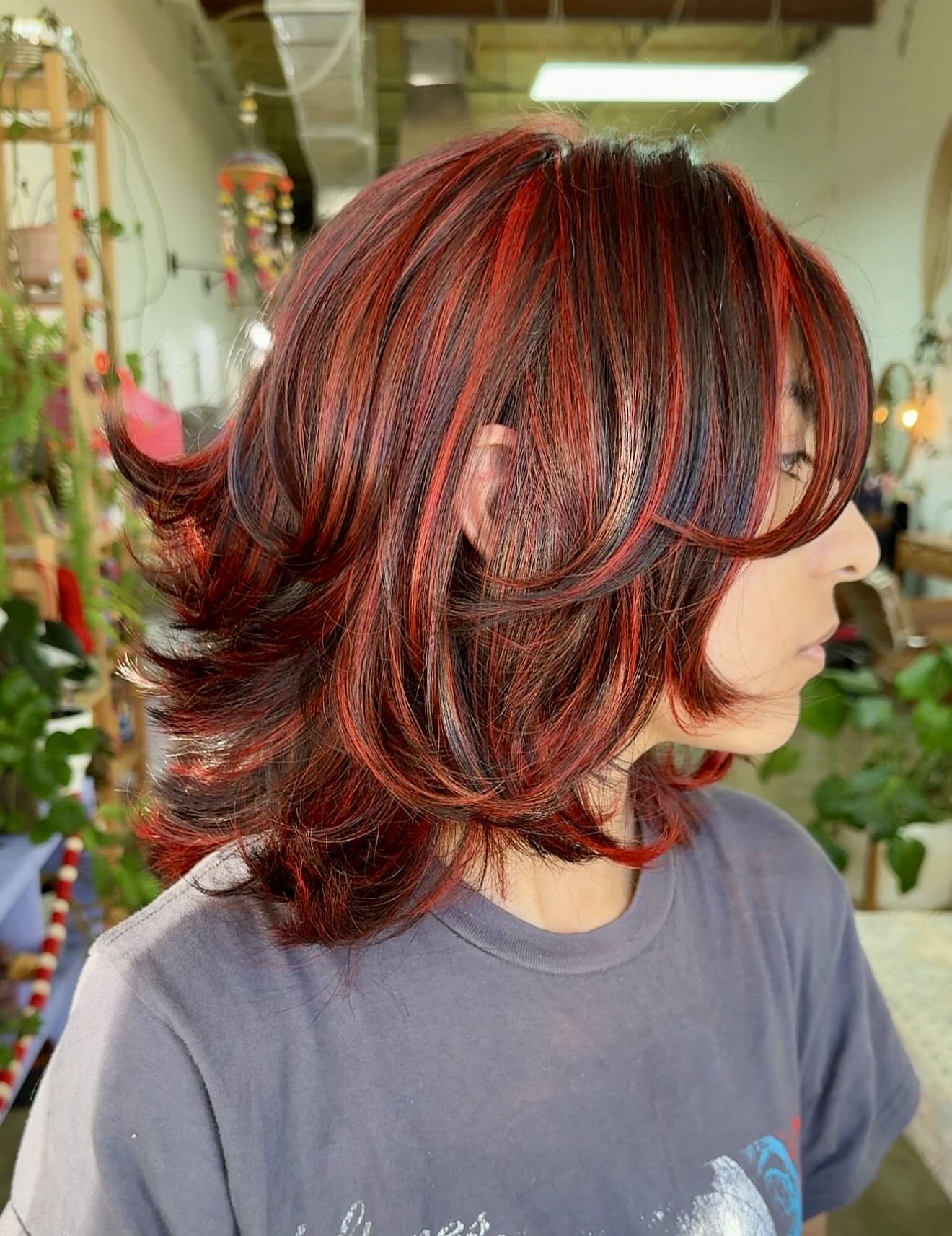 Fiery Red Wolf Cut With Bold Chunky Highlights