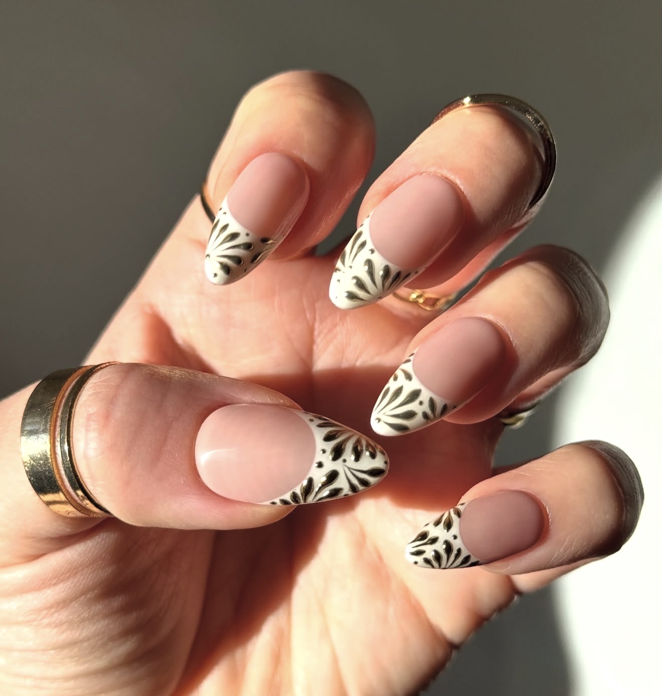 Filigree French Almond Nails With Matte Pink Base