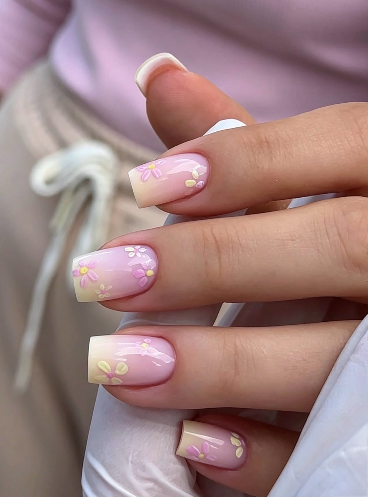 Floral Pink and Yellow French Ombre Nails