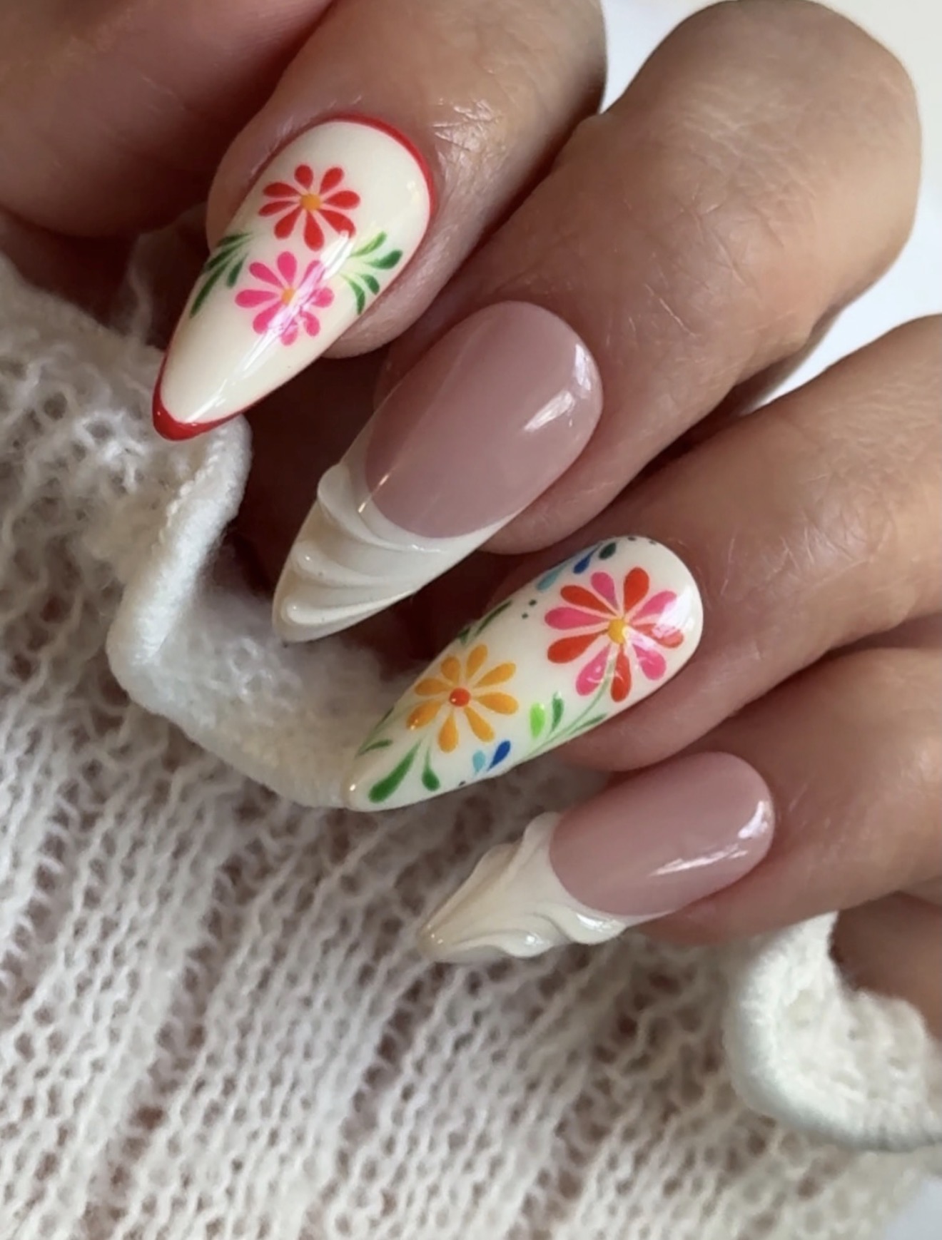 Folk Floral Almond French Tip Nails