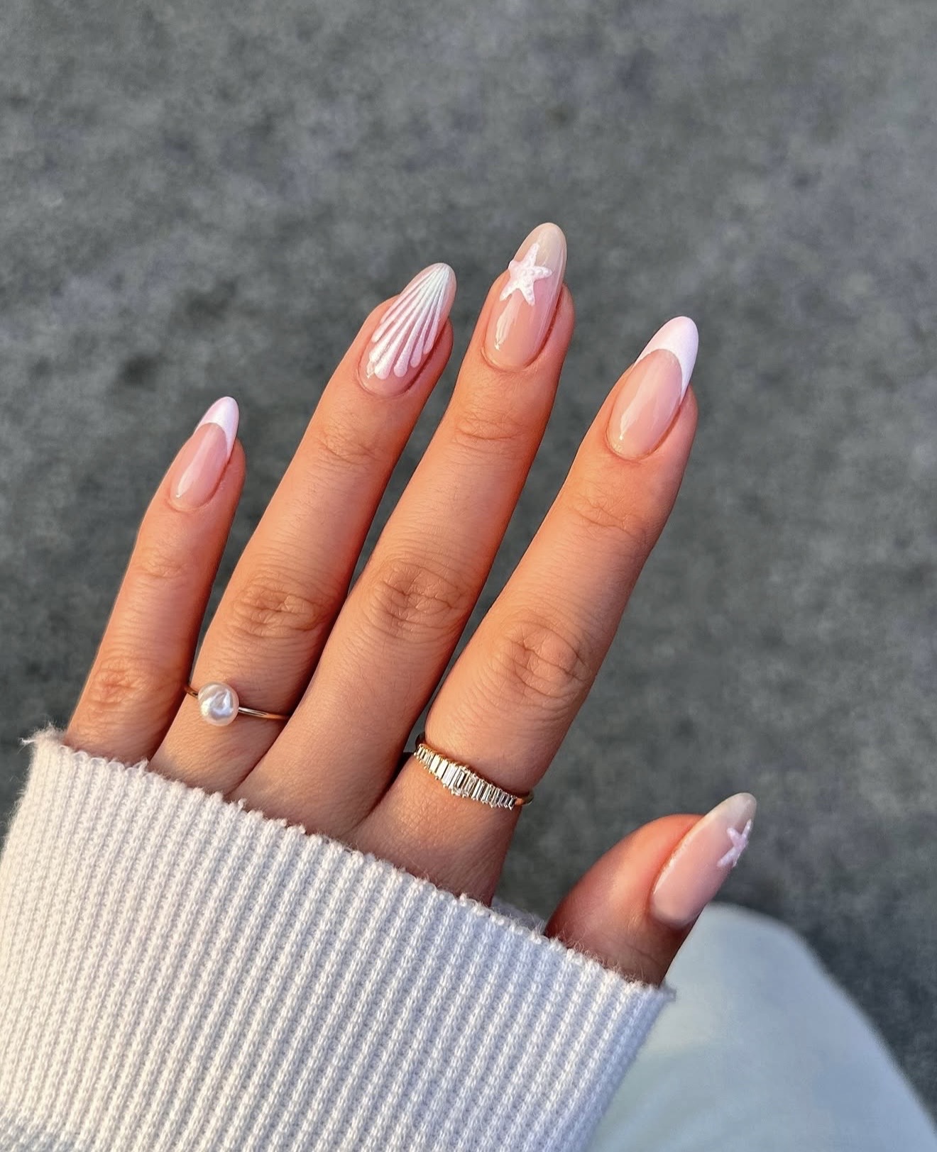 French Shell Nautical Almond Nails