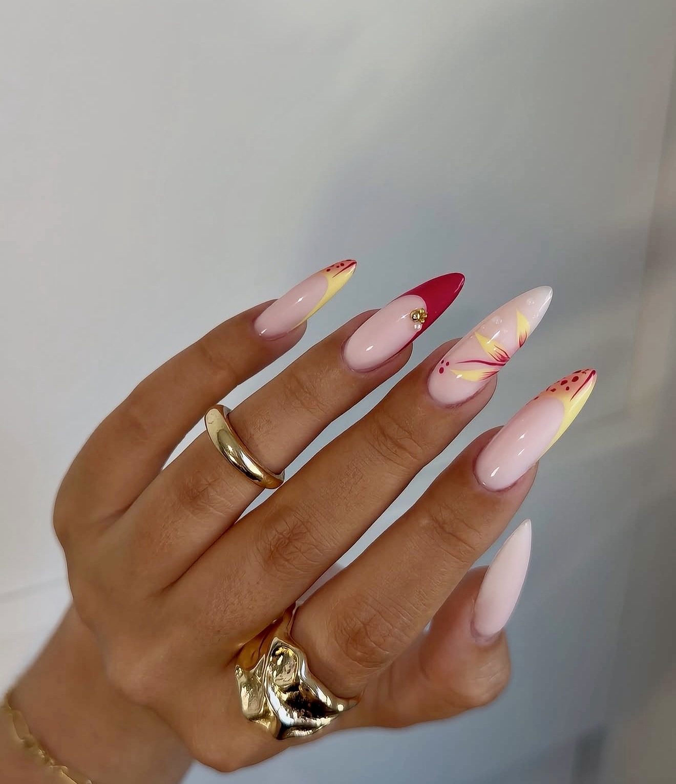 French Tip Ombre Almond Nails with Floral Art