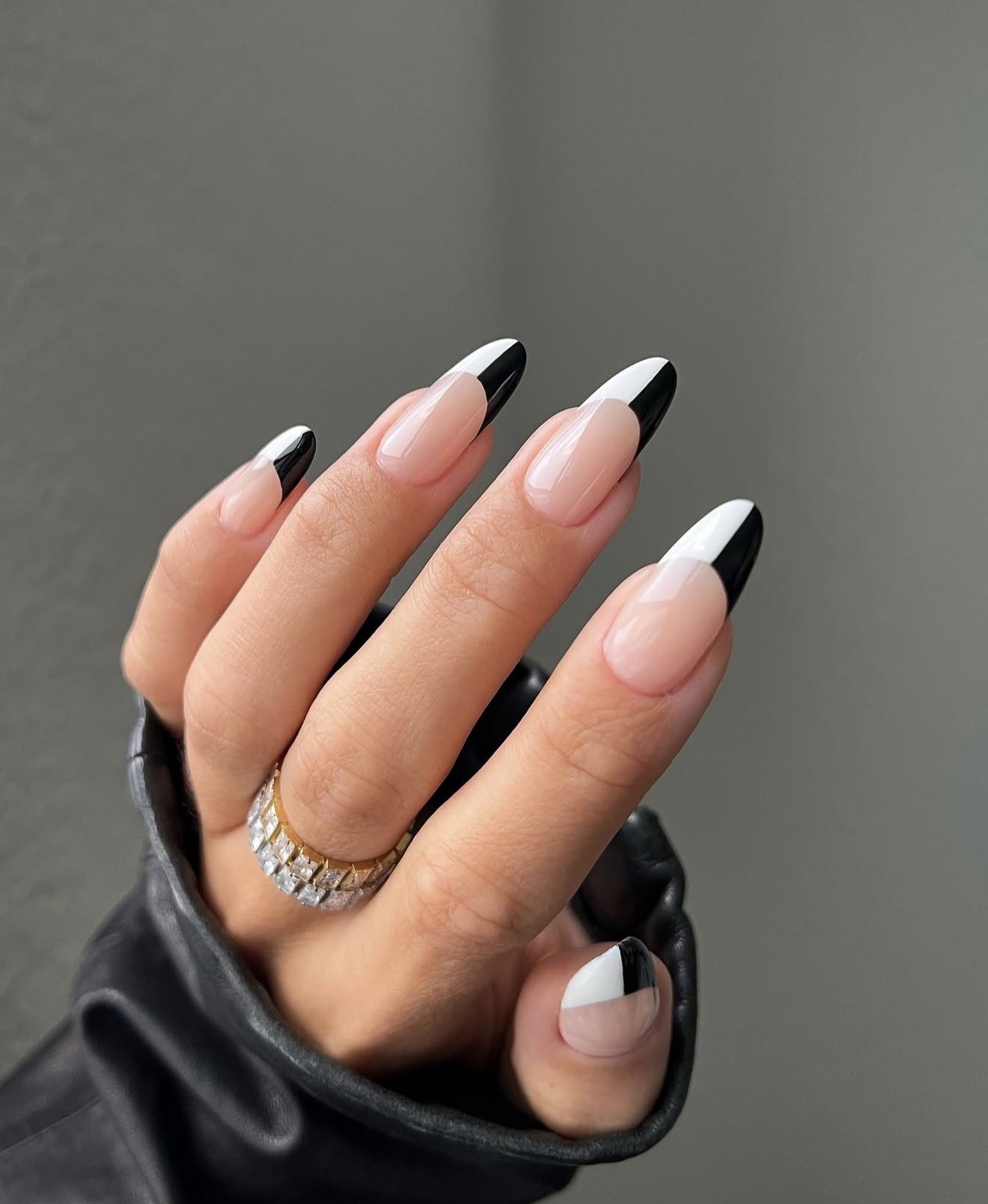 Geometric Black and White French Almond Nails
