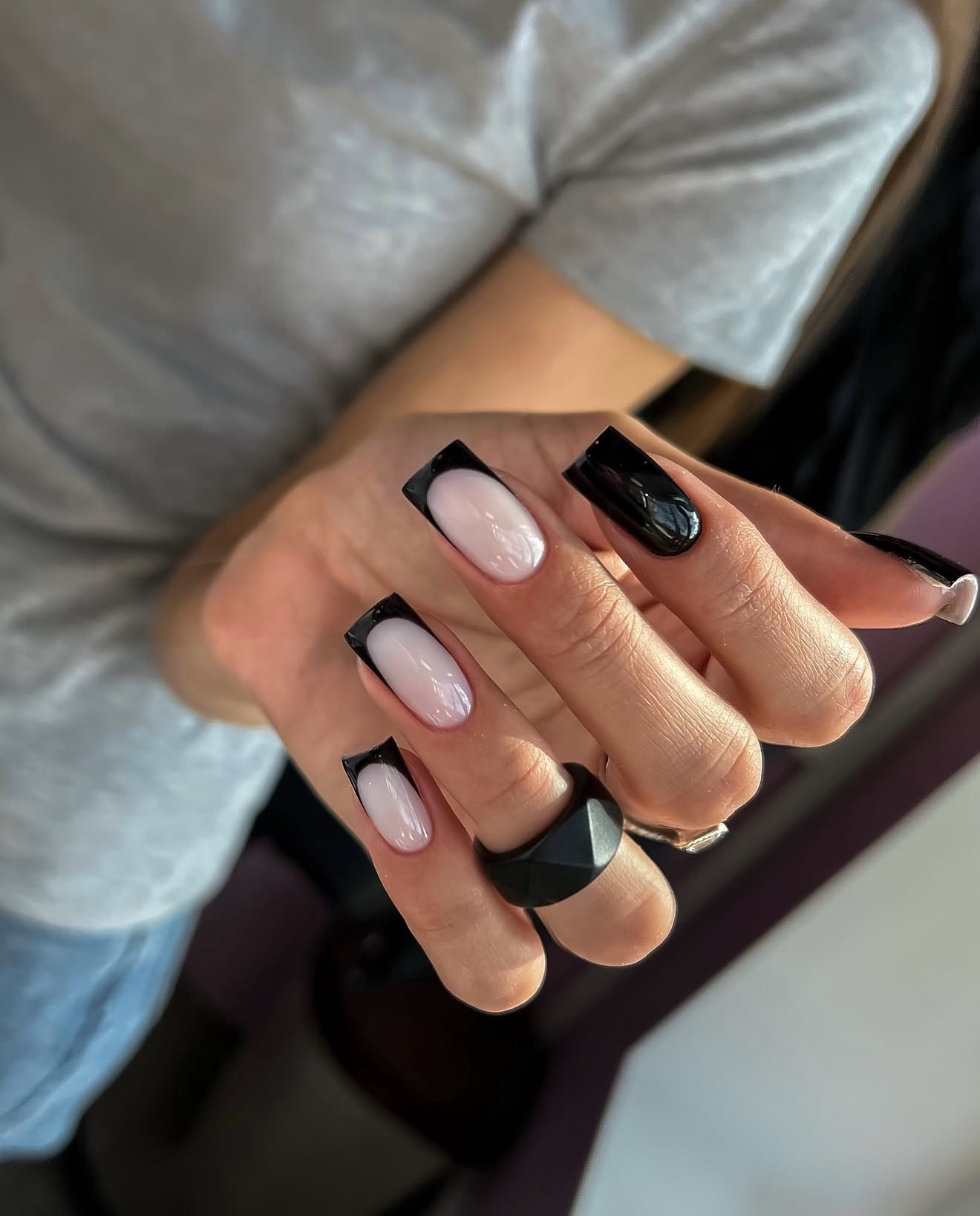 Glossy Black and Milky French Oval Nails