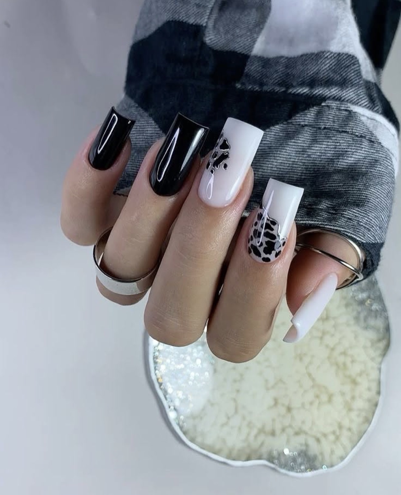Glossy Black and White Cow Print French Tips
