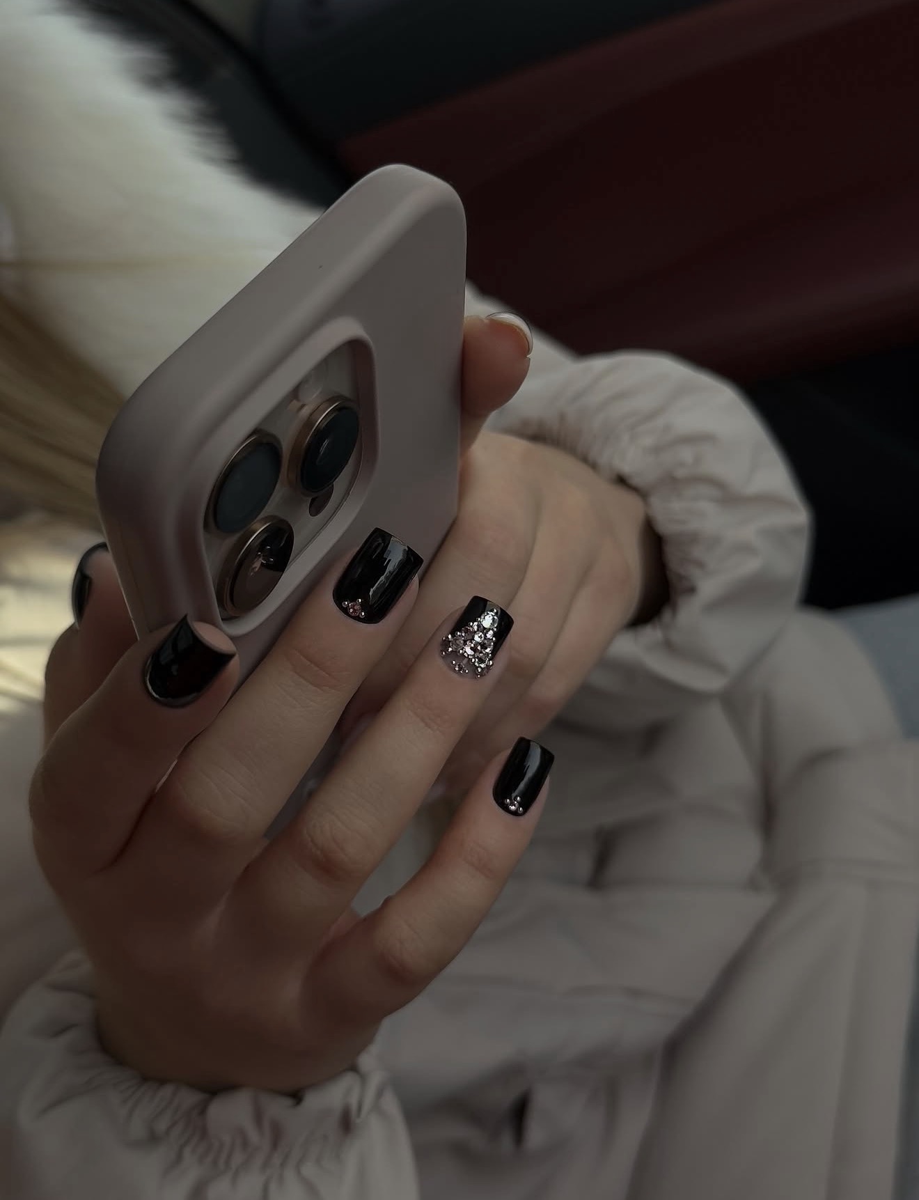 Glossy Black Square Nails with Crystal Accents