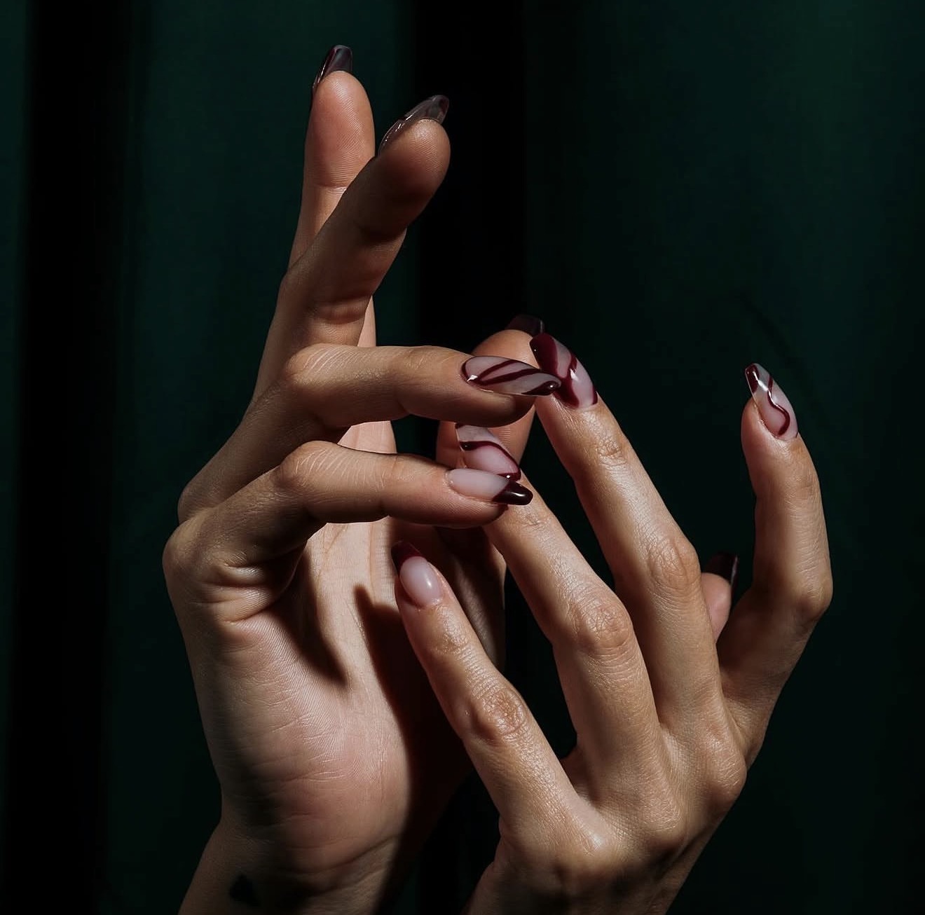 Glossy Burgundy Swirl French Tips