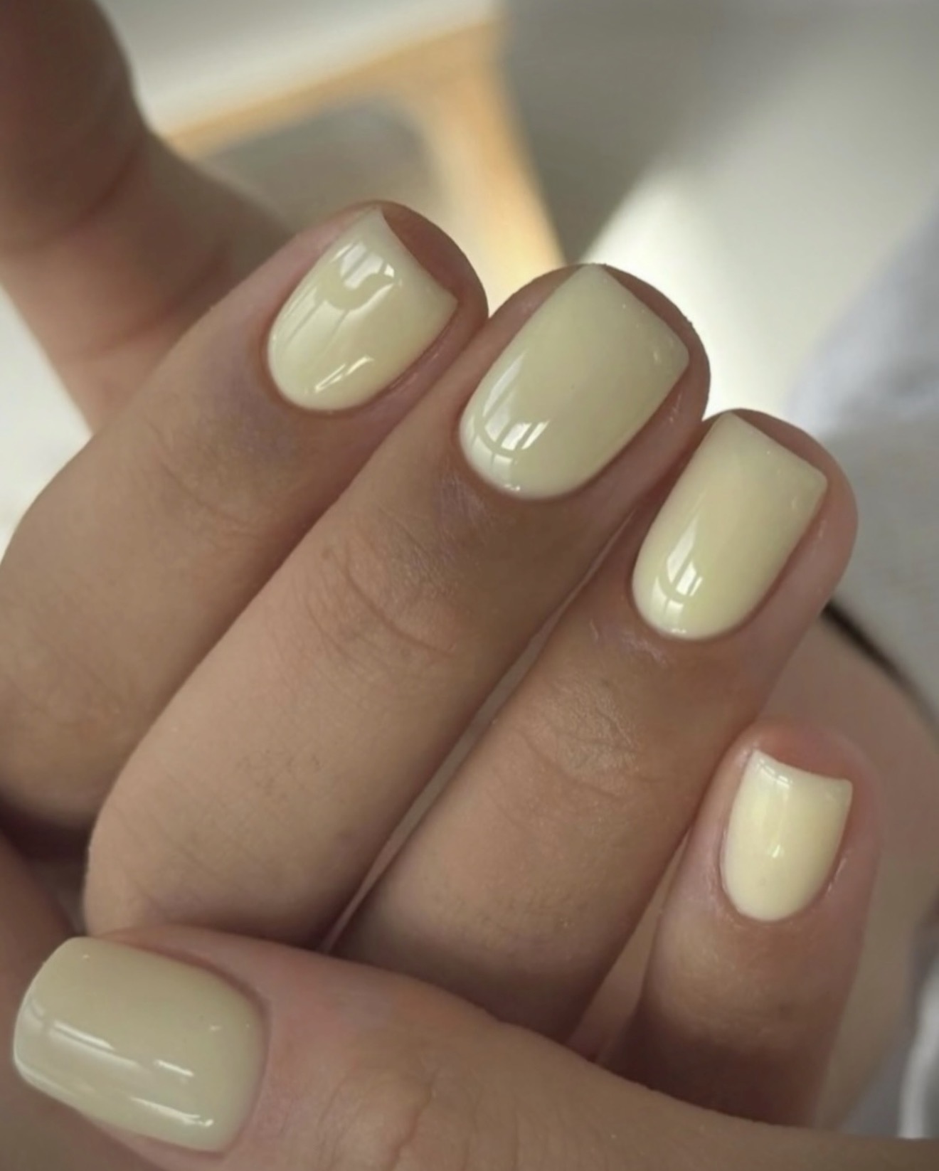 Glossy Butter Yellow Short Squoval Nails