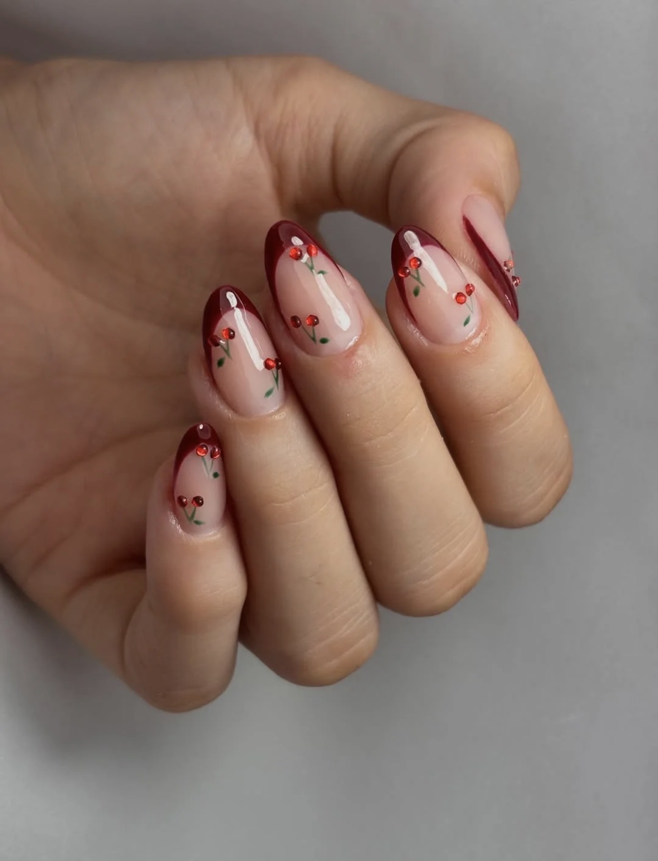Glossy Cherry French Tip with 3D Accents