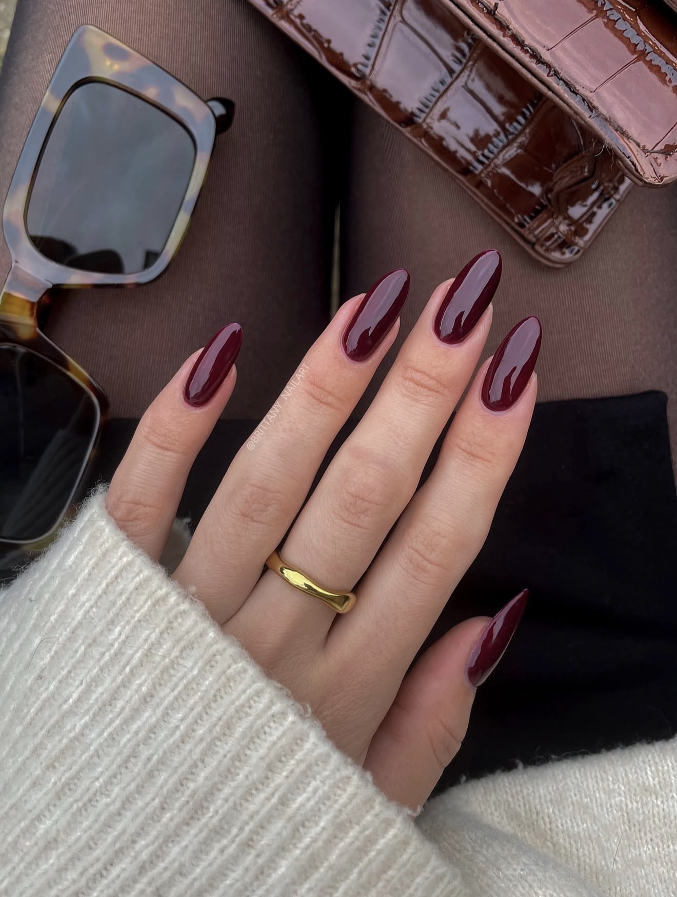 Glossy Cherry Mocha Almond Nails