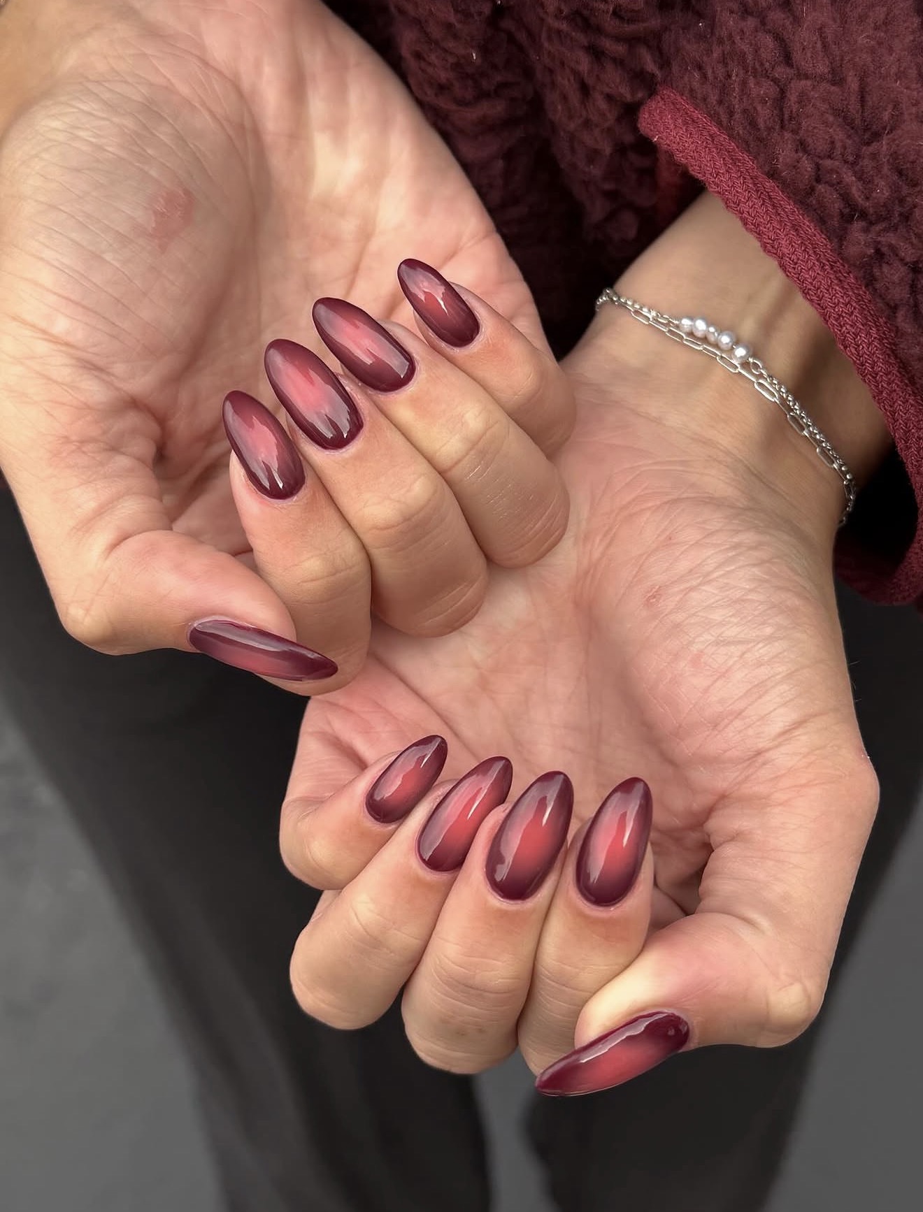 Glossy Cherry Mocha Ombre Almond Nails
