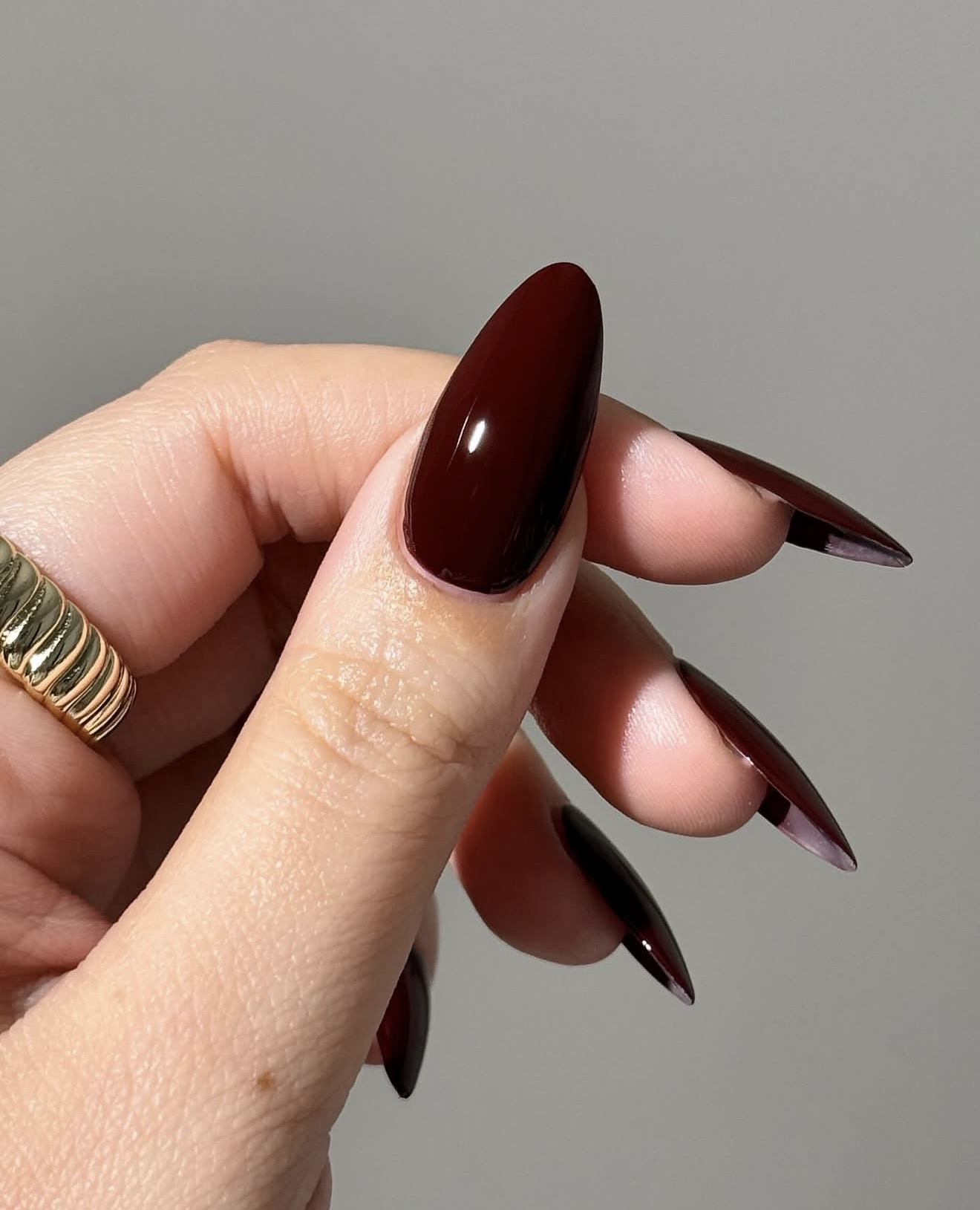 Glossy Cherry Mocha Stiletto Nails