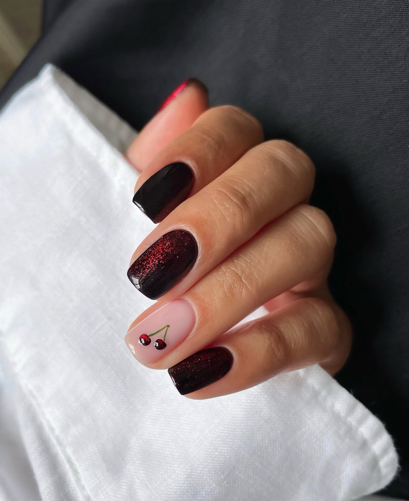 Glossy Dark Cherry Nails with Cherry Art