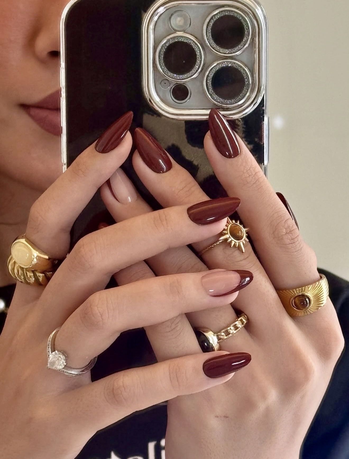 Glossy Deep Burgundy French Tip Almond Nails