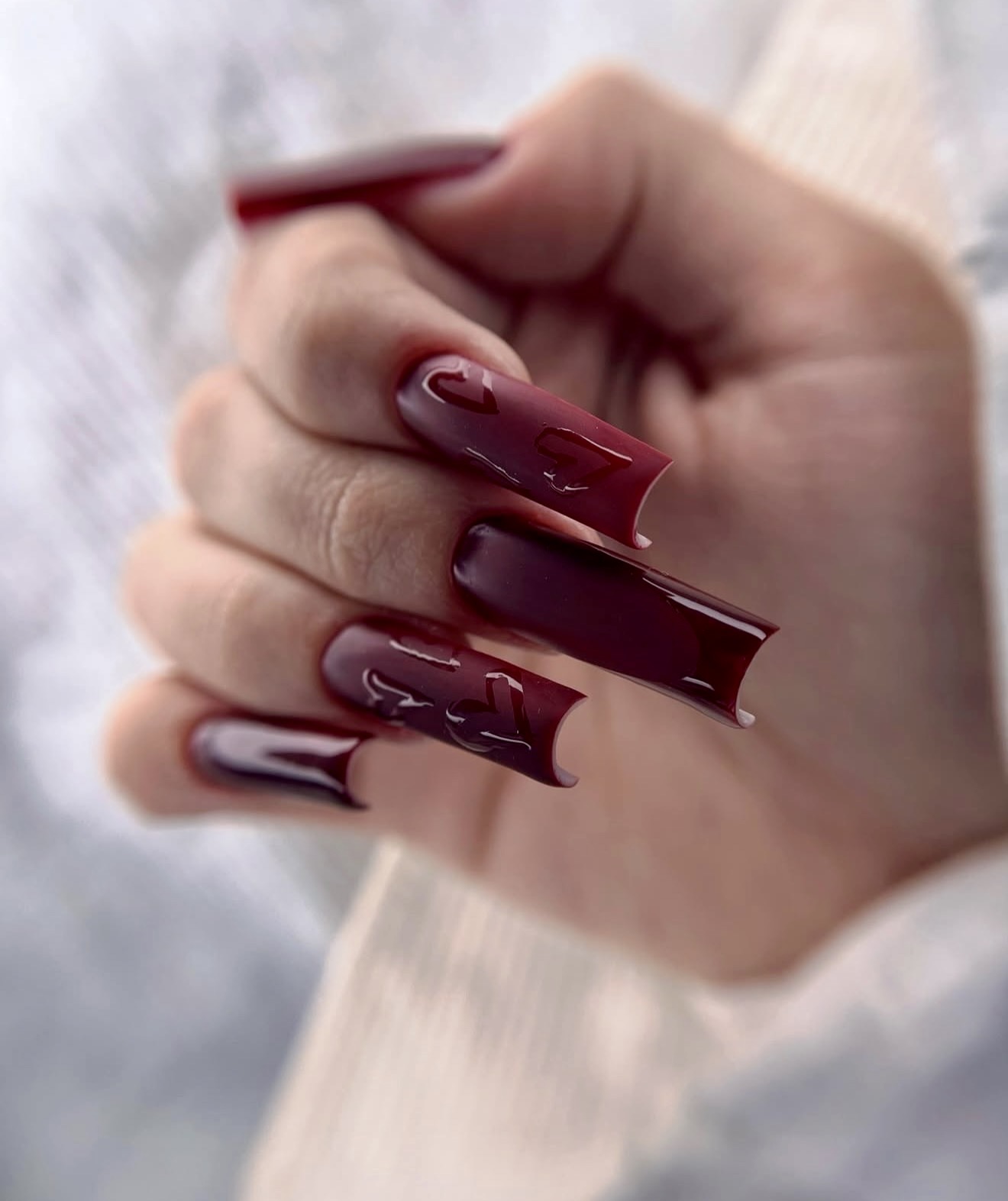 Glossy Deep Burgundy Heart Accent Long Coffin Nails