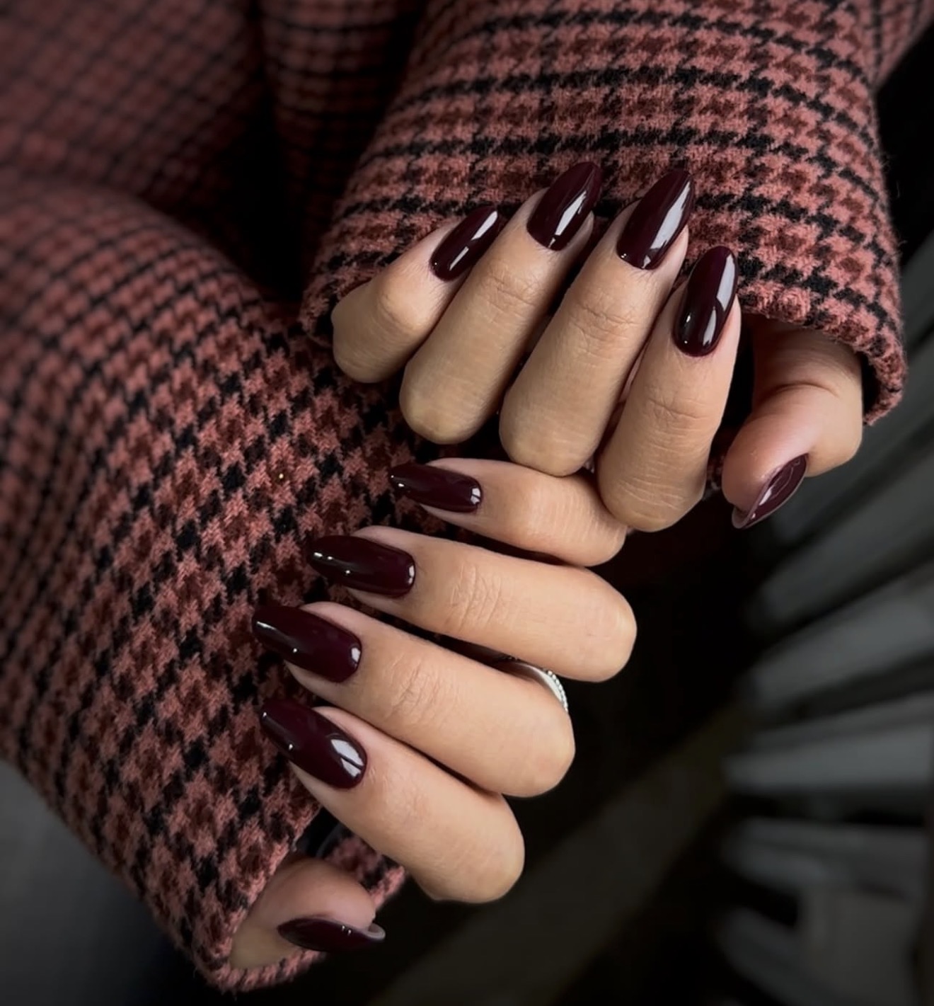 Glossy Deep Cherry Almond Nails