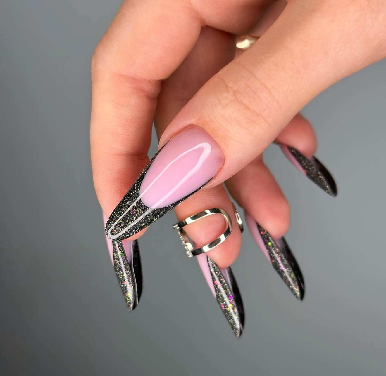 Glossy Pink French Black Glitter Stiletto Nails