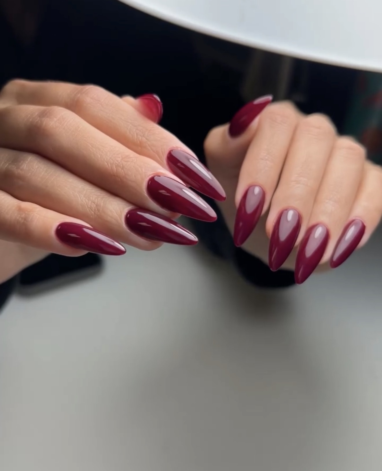 Glossy Rich Cherry Almond Nails