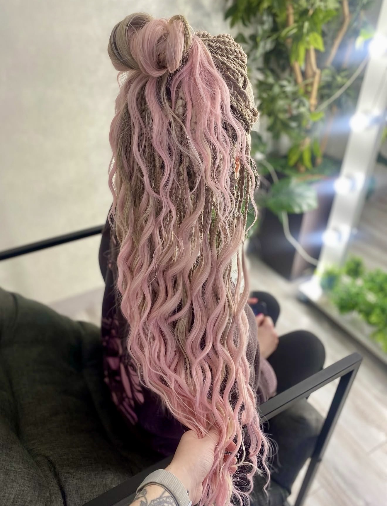 Half-Up Messy Bun With Pink Ombre Dreads