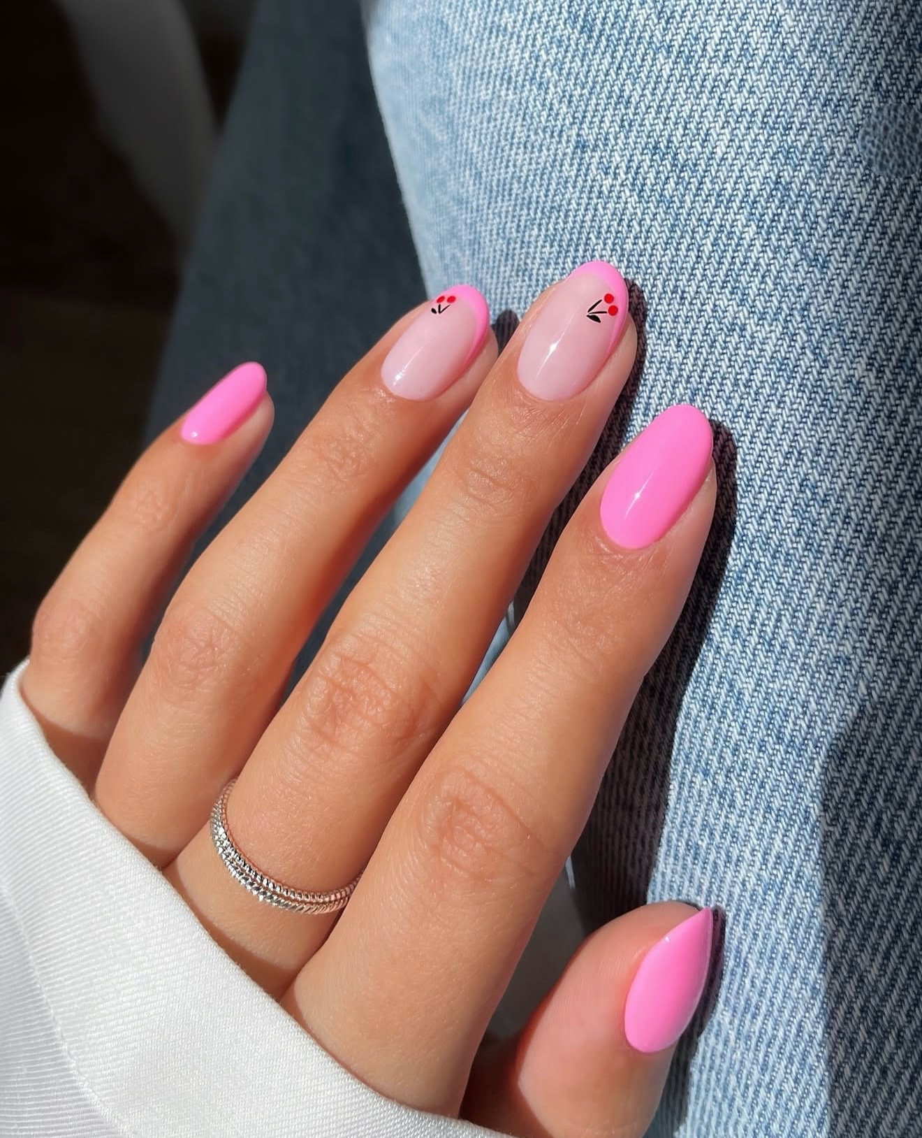 Hot Pink Almond French Tips with Cherry Accents